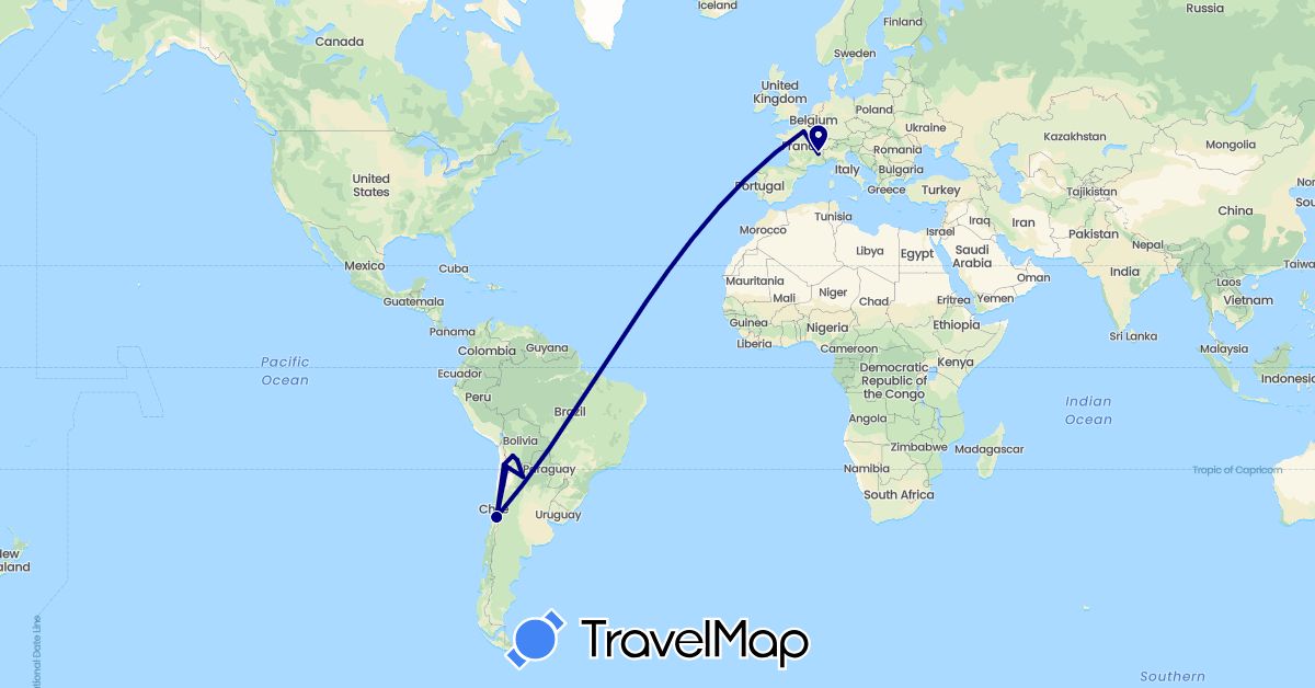 TravelMap itinerary: driving in Argentina, Bolivia, Chile, France (Europe, South America)
